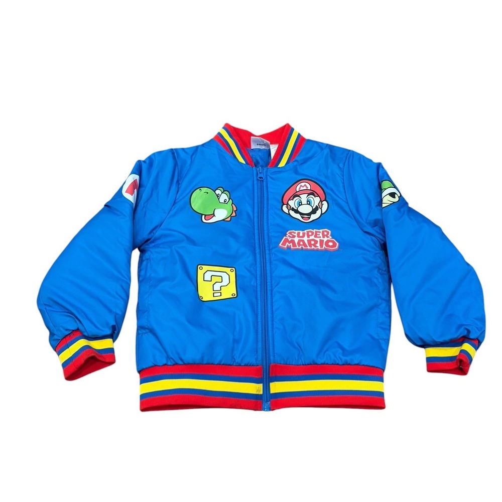 Nintendo Super Mario Boys Bomber Jacket 5/6 Blue Quilted Varsity Coat Patch